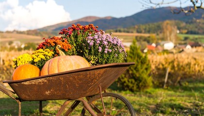 Rusty wheelbarrow laden with pumpkins and flowers, autumnal landscape