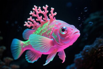 Fototapeta premium Fantastical Neon Pink Fish with Coral in Underwater Scene