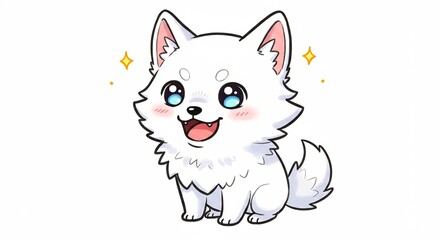 Obraz premium 輝く瞳 愛らしい白い子犬 幸せな笑顔 可愛いイラスト. AI Generated