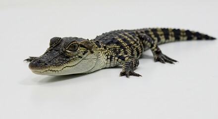 Naklejka premium 子ワニ 白背景 優しい光 包まれた 小さな体. AI Generated