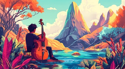 Man playing cello in scenic landscape