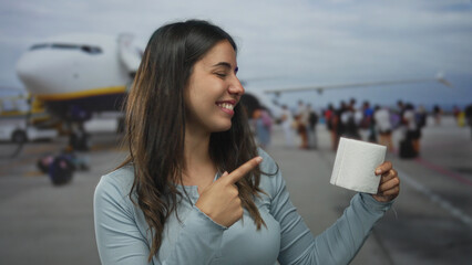 Woman smiling and pointing at toilet paper roll outdoors at airport terminal with airplane in background, capturing humorous travel moment.