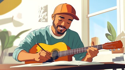 Man playing guitar and writing music