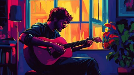 Man playing guitar by window