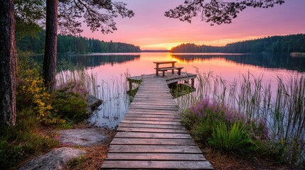 Fototapeta premium Serene sunset over calm lake, wooden dock leads to picnic table