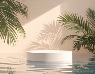 Fototapeta premium Minimalist white podium on water surface surrounded by palm leaves, with sunlight casting shadows on the background wall.