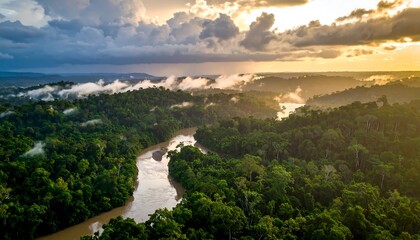 Obraz premium River Flowing Through Lush Green Forest at Sunset Aerial View