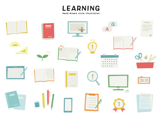 学習　教育　学び　学校　勉強　手描き風　イラスト　セット　学業　成長　ノート　タブレット　文房具