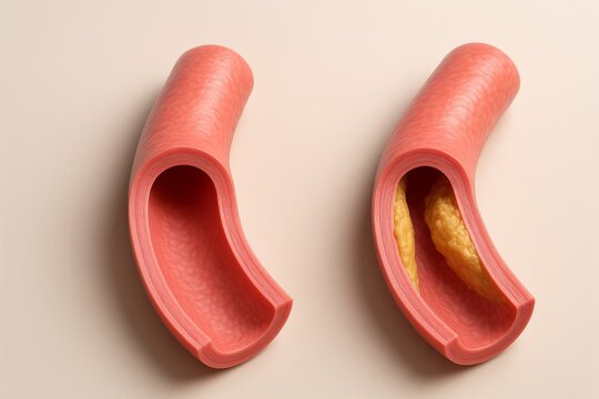 3D medical illustration comparing healthy and diseased atherosclerosis artery, left vessel with smooth walls and open lumen, right artery narrowed with thick yellow plaque buildup