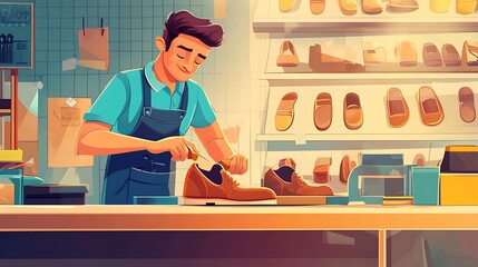 Man polishing shoes in shoe store