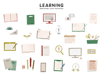 学習　教育　学び　学校　勉強　手描き風　イラスト　セット　学業　成長　ノート　タブレット　文房具