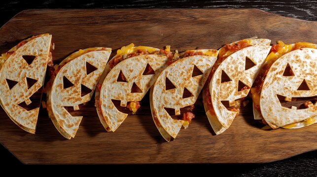 Festive Halloween Jack-o'-lantern Quesadillas on Wooden Board Ready to Eat