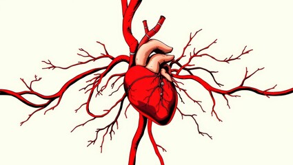 Illustration of a red human heart with arteries and veins on a white background medical anatomy diagram