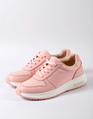 A pair of stylish pink leather and suede sneakers with white soles and laces, perfect for casual wear.