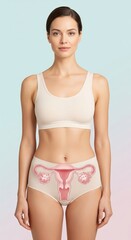 Fototapeta premium Studio portrait of woman in neutral sports underwear with transparent anatomical overlay of uterus and enlarged ovaries dotted with small cystic follicles, symbolic of polycystic ovary syndrome