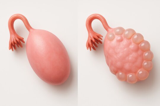 3D anatomical diptych showing comparison of ovaries. Left ovary smooth and normal, right ovary enlarged with multiple peripheral cysts characteristic of PCOS. Clean clinical white background