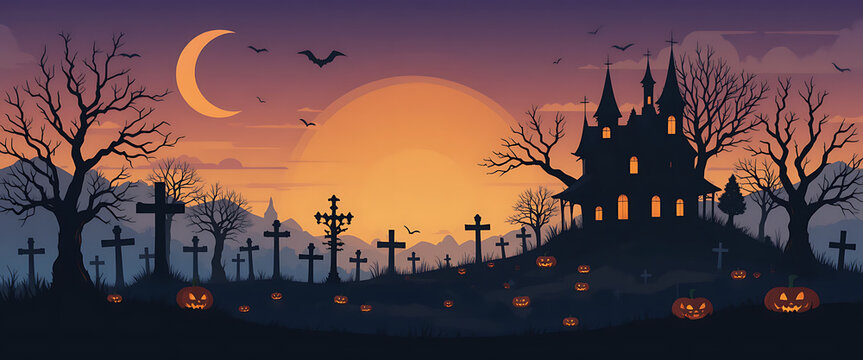 Vector illustration of a haunted beach shack with bats flying over, glowing jack-o’-lantern lanterns, ocean waves glowing in moonlight 