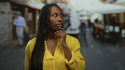 Woman contemplating on a terrace with street cafe ambiance, wearing yellow, showcasing serene outdoor setting and black hair.