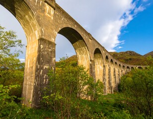 Fototapeta premium Stone arch bridge spanning valley, autumnal foliage