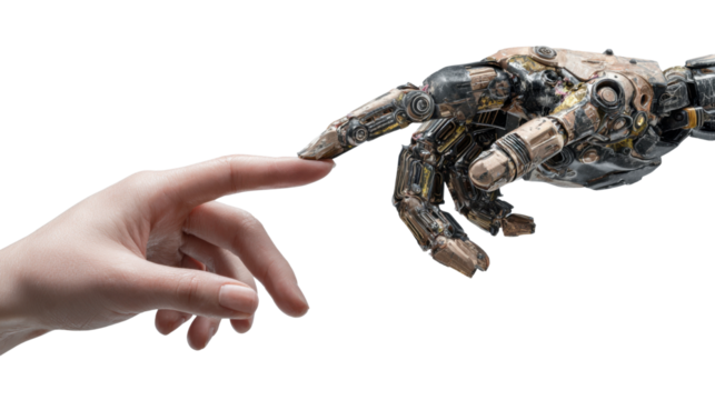 Human Hand Touching Robotic Hand on transparent background