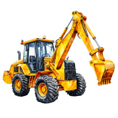 Fototapeta premium a watercolor painting depicts a yellow backhoe loader with raised bucket and front loader arms against a white background.