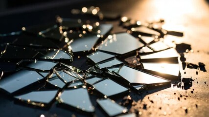 Shattered mirror fragments, suspenseful horror atmosphere. Perfect for movie trailers or Halloween event - Powered by Adobe