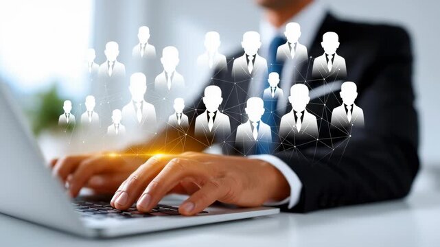 Man typing on laptop with team silhouettes appearing above keyboard. Modern office setup creates a productive environment. Concept of business, teamwork, digital solutions