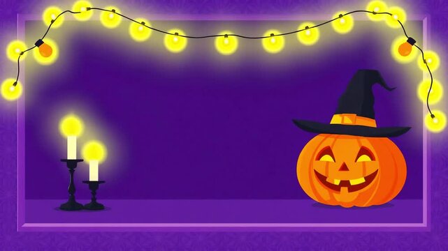 Halloween banner with jack o lantern and festive decorations, candle, garland, cartoon vector style. Halloween holiday background with copy space, card design