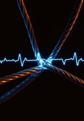 Intertwined wires, glowing blue and orange, with a heart rate monitor pattern superimposed