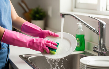 Someone washes a plate using green sponge and rubber gloves.