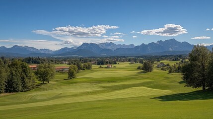 A picturesque golf course nestled among majestic mountains under a clear blue sky, ideal for promoting leisure activities, travel destinations, or outdoor events
