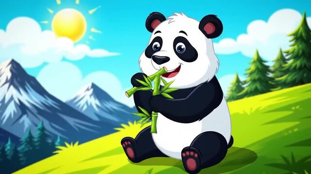 Animated Panda Eating Bamboo in Sunny Mountain Landscape Cartoon Style