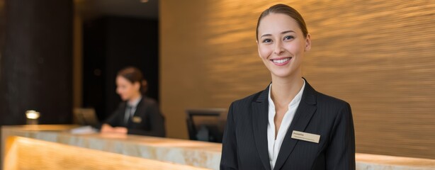 The Receptionist at a Welcoming Hotel Front Desk with Warm Glow