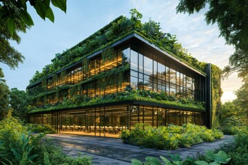 Obraz premium Environmentally conscious office building made of eco-friendly glass with integrated green spaces and sustainable architectural design