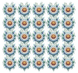 Vector seamless pattern of daisy flowers. This intricate pattern features hand-drawn fantasy daisies in shades of blue and white, with elegant swirls of leaves and vines. It's ideal for print products