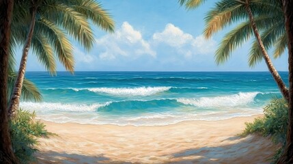 Obraz premium A serene beach scene captures vibrant blue waves lapping against a sandy shore, framed by lush palm trees under a bright sky, Ideal for travel blogs, vacation brochures, or relaxation themes,