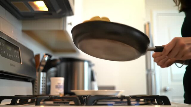 A person expertly flips a golden pancake in a frying pan over a gas stove in a bright kitchen during breakfast prep