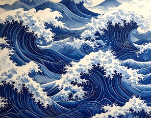 Blue Wave Art with Mount Fuji
