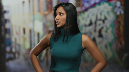 Fototapeta premium Woman standing outdoors in urban street with graffiti background, expressing emotions with hands, dressed in teal, latina identity, candid mood, cityscape vibe.