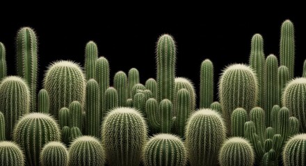 A Diverse Collection of Desert Cacti Against a Dark Background