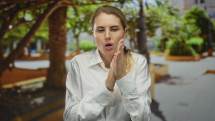 Fototapeta premium Woman feeling cold in a green park wearing a white shirt, with blonde hair, outdoors on a clear day, capturing a moment of chill in nature.