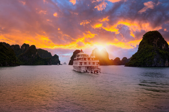 Sunset In The Morning On The harbour In Ha long Bay In Vietnam