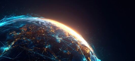 The globe illuminated by vibrant connections and a digital atmosphere.