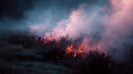 Obraz premium Intense wildfire raging through a forest with smoke and flames rising from the ground