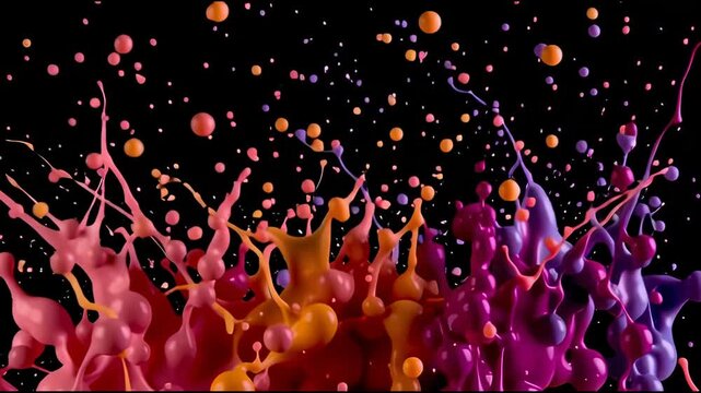 Energetic abstract paint splash with colorful liquid explosion on black background. This vibrant display shows dynamic motion, creative ink drops and beautiful splatters
