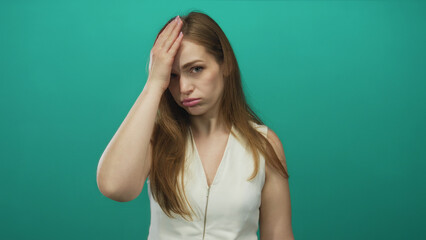 Young woman in white sleeveless top with long brown hair holding palm to forehead in studio; stress.