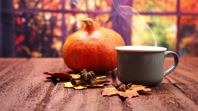 Tazza con bevanda calda fumante su sfondo autunnale