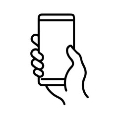 hand holding Smartphone icon in line style, Smartphone with blank white screen. vector illustration