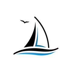 blue Sailing boat logo icon abstract vector template. Sailboat on the waves. Vector illustration