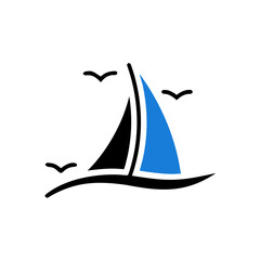 blue Sailing boat logo icon abstract vector template. Sailboat on the waves. Vector illustration